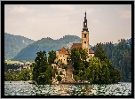 Jezioro, Bled, Wyspa, Kościół, Góry, Lasy, Słowenia