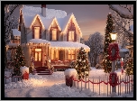 Boże Narodzenie, Zima, Dom, Ogrodzenie, Drzewa, Choinki, Światła, Noc, Grafika