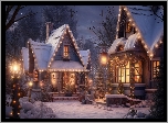 Boże Narodzenie, Zima, Domy, Drzewa, Choinka, Światła, Noc, Grafika