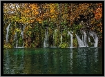 Wodospad, Jezioro, Park Narodowy Jezior Plitwickich, Drzewa, Jesień, Rośliny, Chorwacja