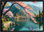 Wiosna, Grafika, Domy, Jezioro, Como Lake, Włochy