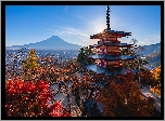 Świątynia, Chureito Pagoda, Góra, Fudżi, Mount Fuji, Drzewa, Promienie słońca, Jesień, Miasto Fujiyoshida, Prefektura Yamanashi, Wyspa Honsiu, Japonia