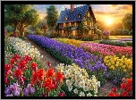 Dom, Ogród, Kwiaty, Wschód słońca, Chmury, Grafika
