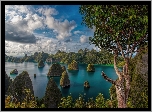 Indonezja, Wyspy, Raja Ampat, Drzewa, Morze, Chmury
