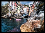 Morze, Skały, Kamienie, Łańcuchy, Łodzie, Kolorowe, Domy, Gmina, Riomaggiore, Cinque Terre, Włochy