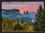 Góry, Dolomity, Góra Schlern, Skały, Las, Drzewa, Polana, Mgła, Tyrol, Włochy