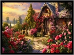 Grafika, Dom, Ogród, Drzewa, Kwiaty, Róże