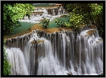 Wodospad, Erawan Falls, Kaskada, Park Narodowy Erawan, Drzewa, Prowincja Kanchanaburi, Tajlandia