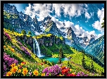Kwiaty, Dolina, Wodospad, Góry, Lato, Grafika