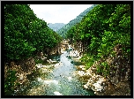 Japonia, Wyspa Honsiu, Park Narodowy Nikko, Rzeka, Kamienie, Drzewa, Góry