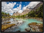 Góry, Góra Odaray Mountain, Jezioro OHara, Płaskowyż Opabin, Park Narodowy Yoho, Drzewa, Chmury, Prowincja Kolumbia Brytyjska, Kanada