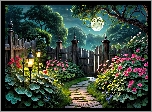 Ogród, Kwiaty, Lampy, Płot, Drzewa, Księżyc, Noc, Grafika