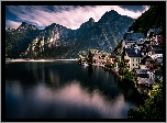 Austria, Hallstatt, Domy, Góry, Alpy Salzburskie, Jezioro Hallstattersee