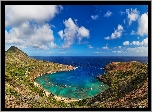 Stany Zjednoczone, Hawaje, Zatoka Hanauma Bay, Wyspa Oahu, Chmury, Morze, Wzgórza