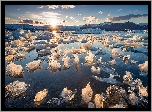 Islandia, Jezioro Jökulsárlón, Góry, Bryły, Lód, Zachód słońca, Zima