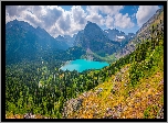 Stany Zjednoczone, Montana, Park Narodowy Glacier, Góry Skaliste, Jezioro St Mary, Las, Drzewa, Chmury