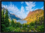 Park Narodowy Glacier, Jezioro, Saint Mary Lake, Góry, Drzewa, Obłoki, Montana, Stany Zjednoczone