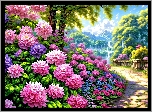 Ogród, Kwiaty, Drzewa, Góry, Grafika