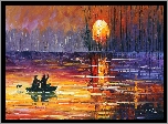 Malarstwo, Leonid Afremov, Jezioro, Łódka, Drzewa, Wschód słońca