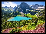 Park Narodowy Glacier, Jezioro, Grinnell Lake, Góry, Lasy, Niebo, Montana, Stany Zjednoczone
