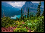 Park Narodowy Glacier, Montana, Stany Zjednoczone, Drzewa, Góry, Jezioro, Grinnell Lake, Rośliny, Chmury