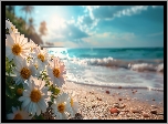 Kwiaty, Plaża, Kamienie, Morze, Tropiki, Grafika