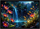 Kwiaty, Motyle, Wodospad, Drzewa, Grafika