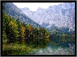 Austria, Gmina Ebensee, Jesień, Góry, Jezioro Hinterer Langbathsee, Drzewa, Odbicie