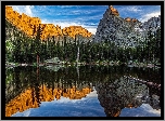 Góry, Szczyt, Lone Eagle Peak, Indian Peaks Wilderness, Stan Kolorado, Stany Zjednoczone, Jezioro, Mirror Lake, Drzewa, Odbicie