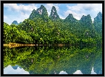 Chiny, Powiat Yangshuo, Rzeka Gui Jiang, Góry, Las, Odbicie