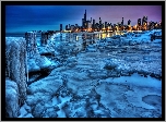 Panorama, Chicago, Nocą, Jezioro, Michigan, Lód