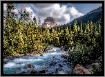 Park Narodowy Yoho, Góry, Wapta Mountain, Rzeka, Drzewa, Chmury, Prowincja Kolumbia Brytyjska, Kanada