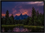 Park Narodowy Grand Teton, Rzeka Snake River, Góry Teton Range, Drzewa, Zachód słońca, Stan Wyoming, Stany Zjednoczone