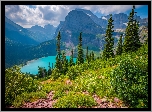 Park Narodowy Glacier, Góry, Jezioro, Grinnell Lake, Drzewa, Zieleń, Chmury, Stany Zjednoczone