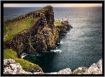 Morze Szkockie, Skały, Latarnia morska, Neist Point Lighthouse, Półwysep Duirinish, Wyspa Skye, Chmury, Szkocja