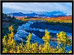 Park Narodowy Denali, Góry, Rzeka, Savage River, Drzewa, Roślinność, Jesień, Niebo, Alaska, Stany Zjednoczone