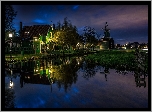 Zaanse Schans, Holandia, Noc, Dom, Wiatrak, Odbicie