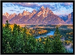 Stany Zjednoczone, Wyoming, Park Narodowy Grand Teton, Rzeka, Snake River, Drzewa, Lasy, Góry, Szczyty