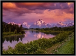 Stany Zjednoczone, Stan Wyoming, Park Narodowy Grand Teton, Rzeka Snake River, Góry, Góra Mount Moran, Drzewa