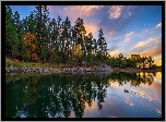 Stany Zjednoczone, Arizona, Jezioro, Goldwater Lake, Drzewa, Zachód Słońca, Odbicie