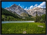 Szwajcaria, Kanton Valais, Alpy Berneńskie, Pasmo Les Diablerets, Jezioro Lac de Derborence, Góry, Rzeka, Świerki, Trawa