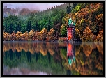 Walia, Hrabstwo Powys, Jezioro Lake Vyrnwy, Budowla, Wieża ciśnień, Jesień, Drzewa, Lass