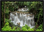 Wodospad Erawan waterfall, Kaskada, Drzewa, Park Narodowy Erawan, Prowincja Kanchanaburi, Tajlandia