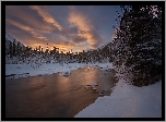 Kanada, Yukon, Wheaton Valley, Wheaton River Wilderness Retreat, Rzeka, Zima, Śnieg, Drzewa, Zachód słońca