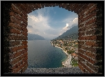 Włochy, Jezioro, Lago di Garda, Veneto, Widok, Niebo, Chmury, Okno, Mur