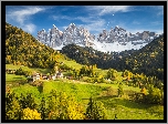 Włochy, Dolomity, Dolina Val di Funes, Wieś Santa Maddalena, Jesień, Góry, Masyw Odle, Lasy, Drzewa