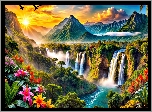 Góry, Kwiaty, Drzewa, Wodospady, Zachód Słońca, Grafika