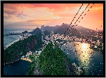 Brazylia, Rio de Janeiro, Góry, Morze, Miasto, Z lotu ptaka, Kolejka linowa, Wieżowce, Zachód słońca